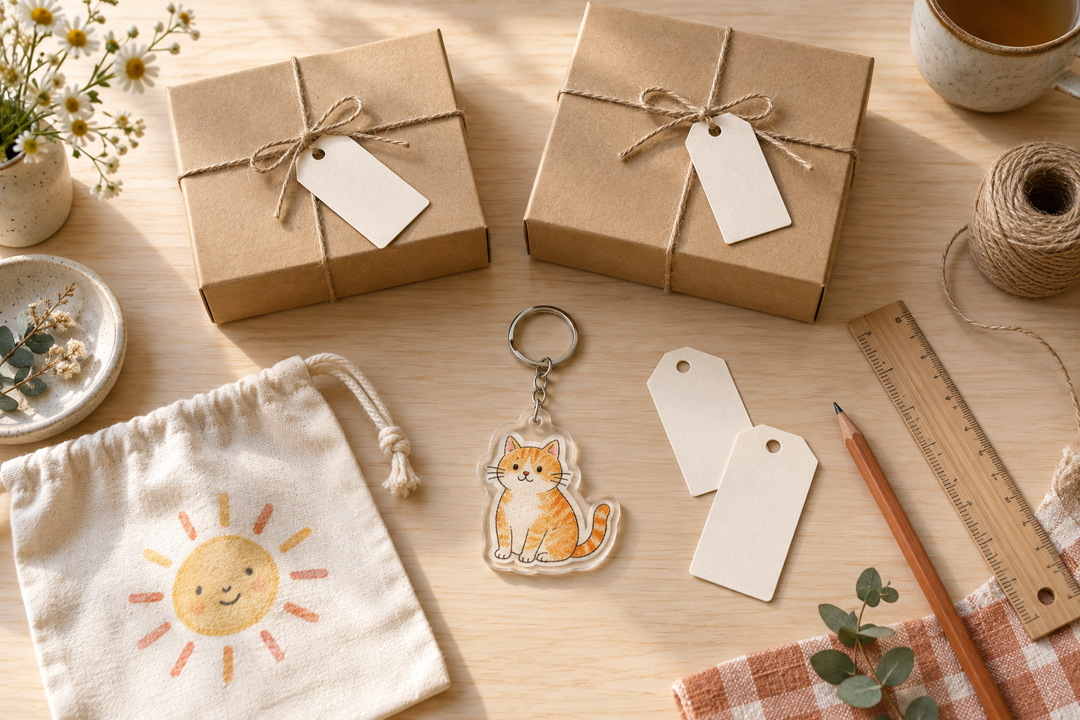 写真や絵のグッズと包装を並べた制作イメージ