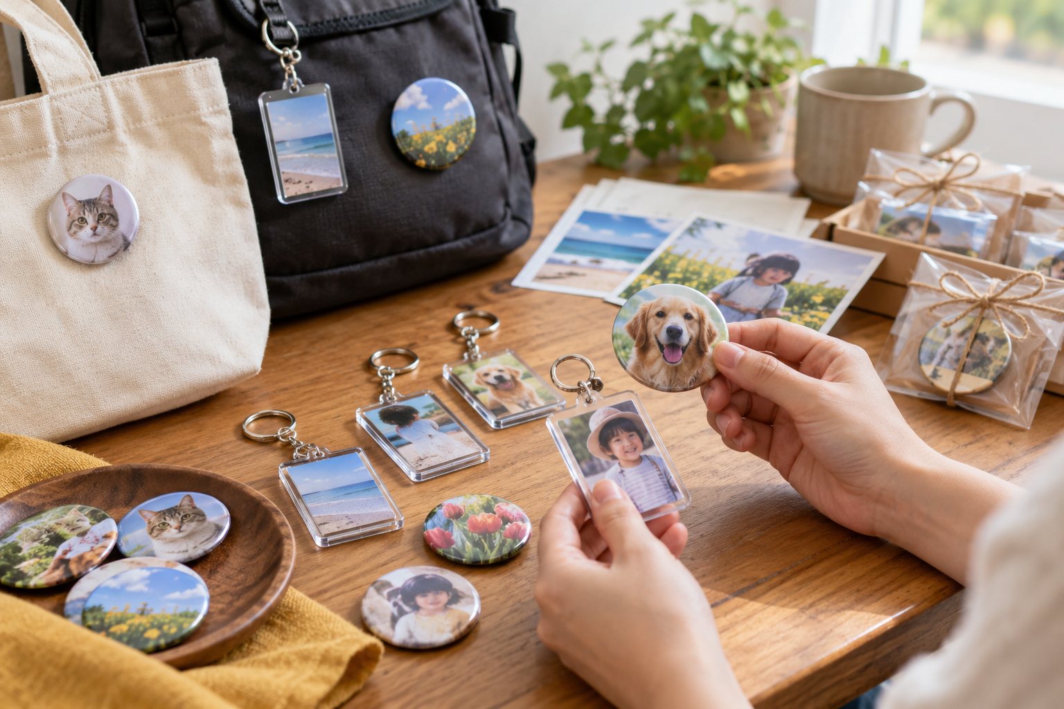 写真キーホルダーと缶バッジ、どちらを作る？付ける場所・原寸・配る方法で比較を考えるための説明用イメージ
