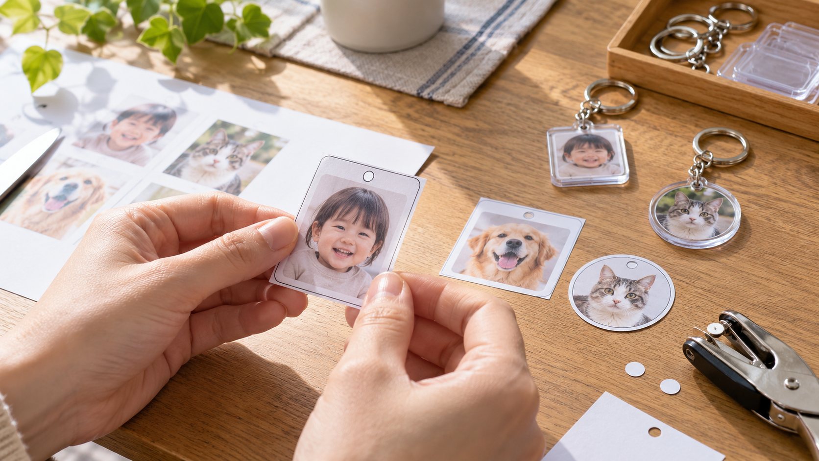 写真キーホルダーは原寸で確かめる。紙の見本で顔・文字・穴位置を見る方法のアイキャッチ