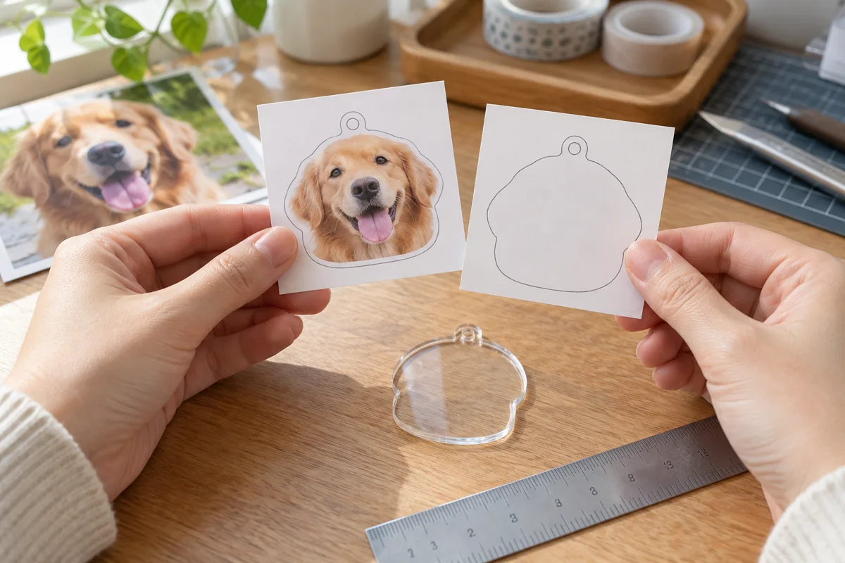 写真キーホルダーの表裏を紙見本で確認する手元
